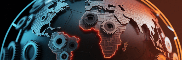 Top 5 Global Events Reshaping the World in 2025 A mechanical globe with interlocking gears representing global tensions.