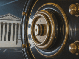 Vintage safe reflecting Supreme Court building.