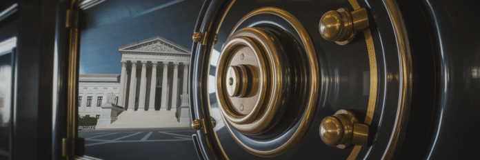 Vintage safe reflecting Supreme Court building.