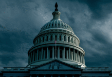 The Democratic Gamble That Shut Down the Government US Capitol dome under dark stormy clouds