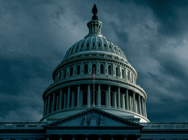 US Capitol dome under dark stormy clouds