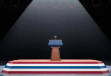 Dissecting Trump’s 2024 Campaign Promises Podium with microphone in empty hall.