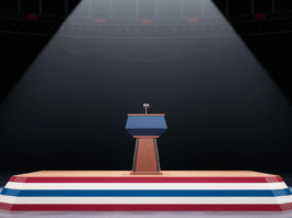 Podium with microphone in empty hall.