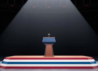 Dissecting Trump’s 2024 Campaign Promises Podium with microphone in empty hall.
