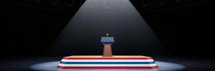 Podium with microphone in empty hall.