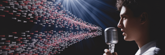 Man speaking into microphone with abstract shapes flowing out.