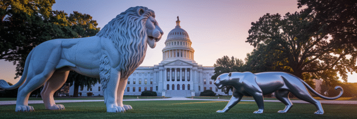 How Red States Are Legislating Against Big Tech Stone lion facing a metallic panther.