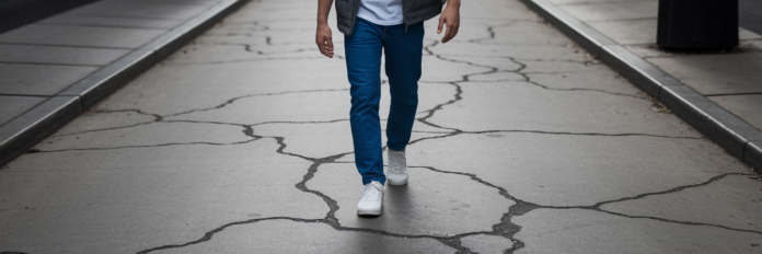 The Inflation Generation's Playbook for Money and Power Young person navigating cracked city sidewalk.