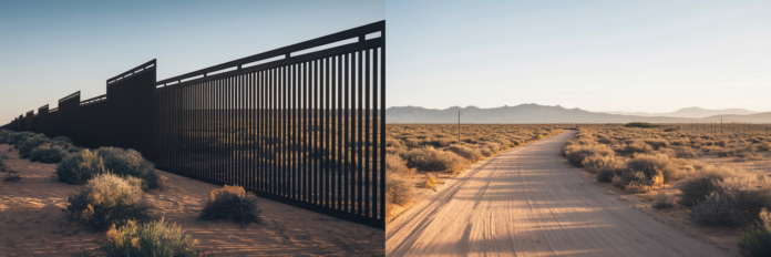 US Border Policy Under Trump and Biden Compared US-Mexico border wall versus open landscape.