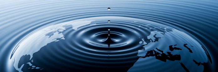 Global map as water with ripples from US.