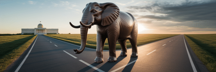 Mapping the GOPs Future Beyond 2026 Republican elephant statue at crossroads