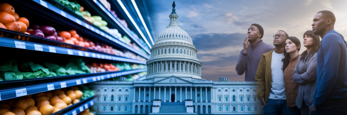How the Cost of Living Will Define the 2026 Elections Shoppers looking at prices near US Capitol.