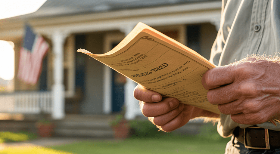 Man's weathered hands holding a house deed.
