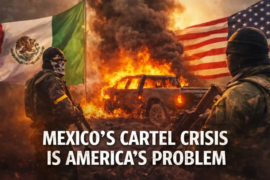 A burning car with a Mexico flag on the left and an American flag on the right, with soldiers standing by.
