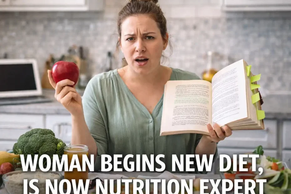 A middle aged woman holding a book and an apple with food on a table.