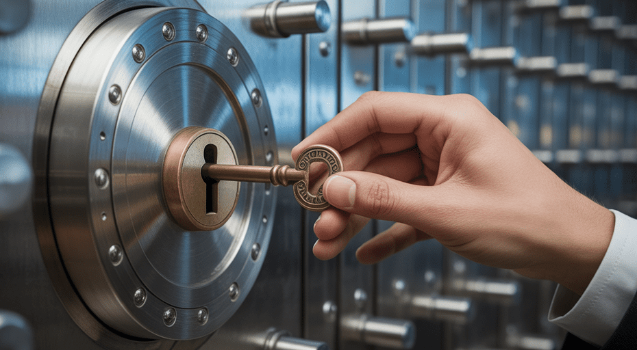 Hand inserting key into large bank vault door.
