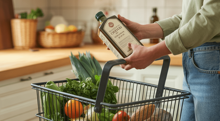 Person carefully choosing private-label groceries.