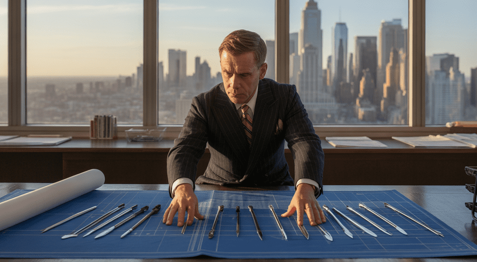 Business owner planning with drafting tools.