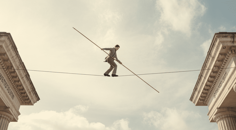 Person balancing on tightrope between columns