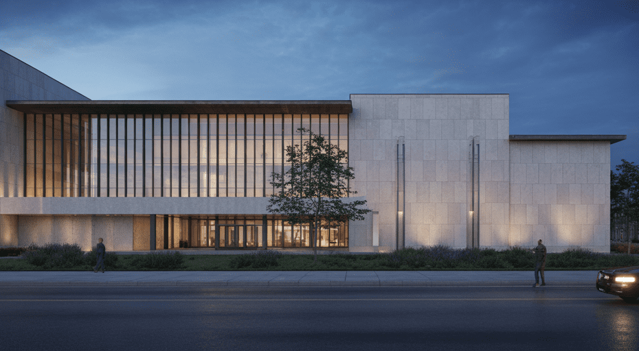 Synagogue at twilight with police car