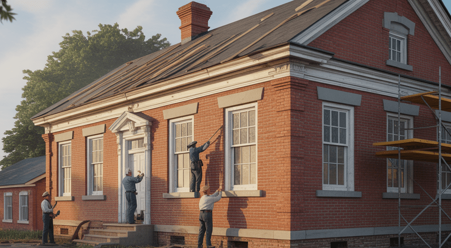 Craftspeople restoring a classic American schoolhouse.
