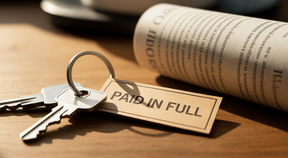 House keys with 'Paid in Full' tag.