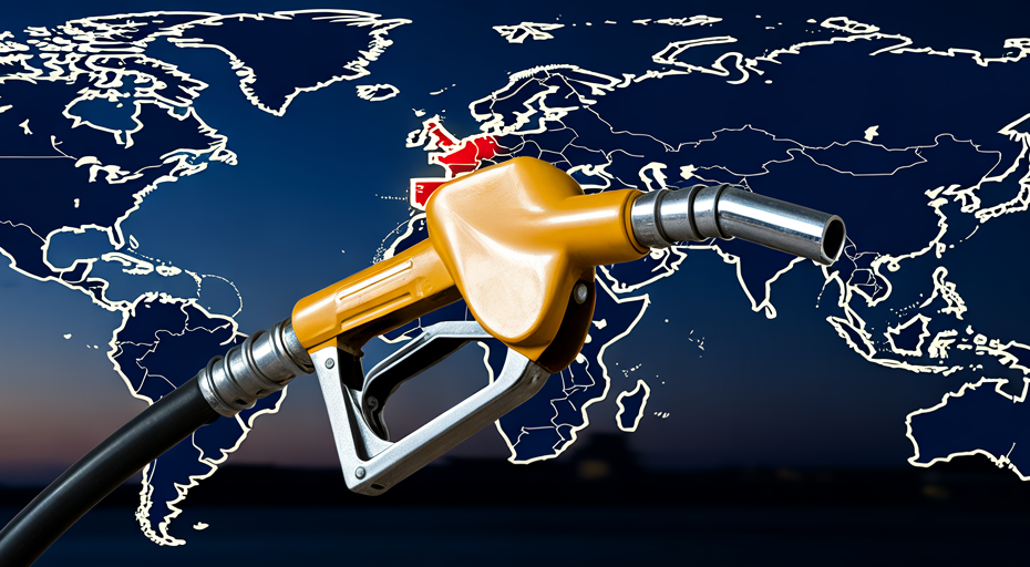 Gas pump nozzle against a global map.
