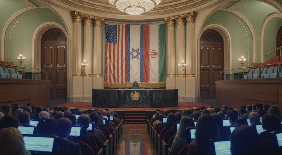 Flags of US Israel Iran on a debate podium.